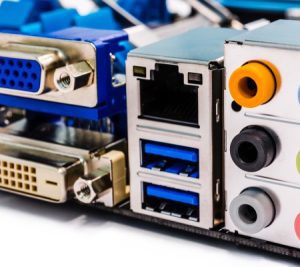 Close-up of a computer motherboard showing USB ports
